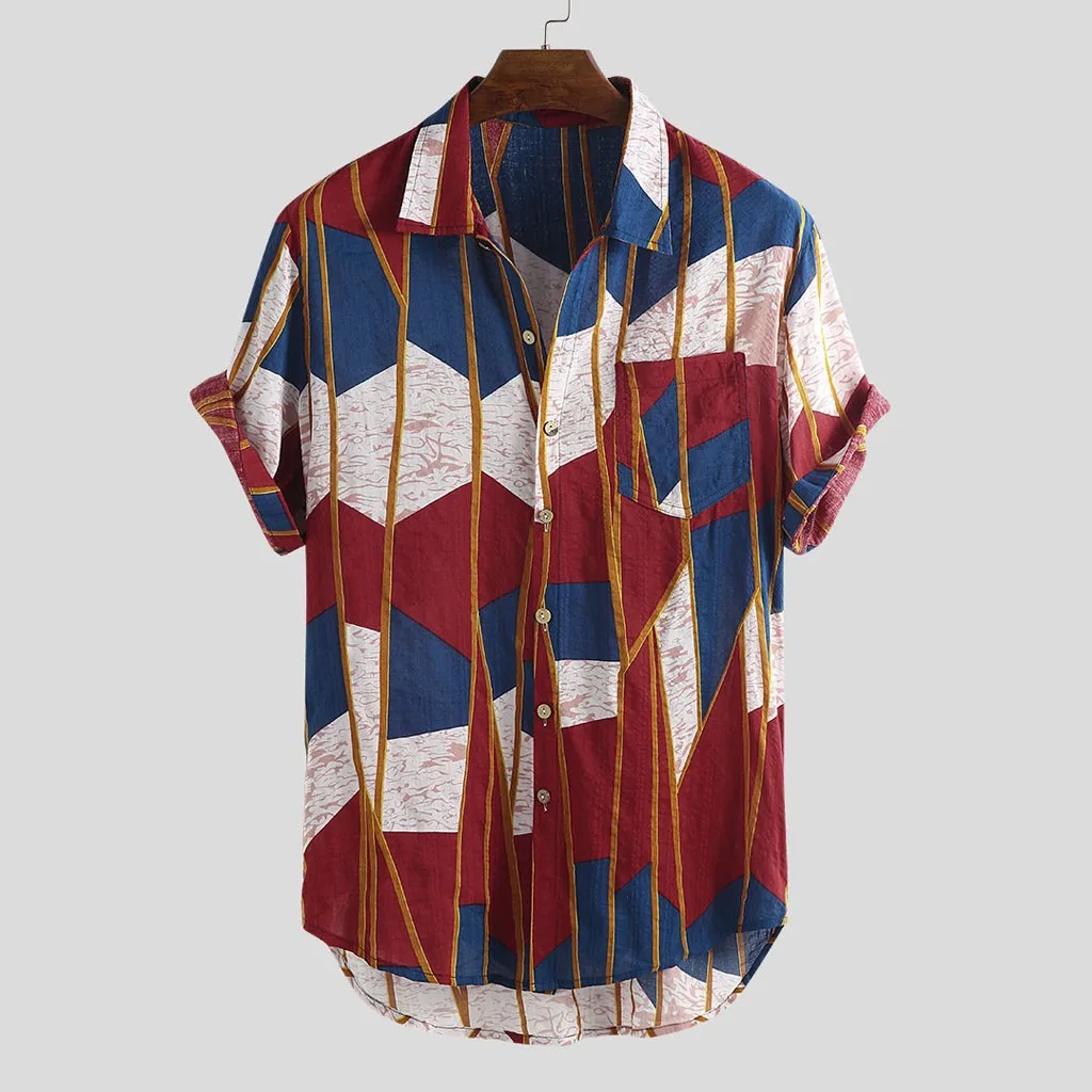 

Folk-custom Shirts for Men Vintage Geometric Pattern Chemise Color Lump Pocket Short Sleeve Round Hem Loose Shirt Blouse