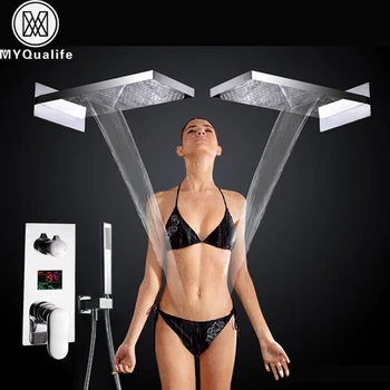 

Luxury Large Waterfall Rain Shower Mixers 3 Functions Digital Display Wall Mout Bathroom Shower Faucet Temperature Display Valve