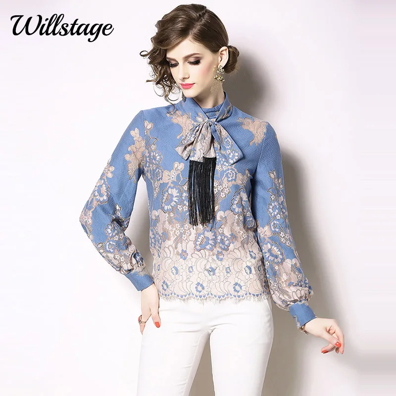 

Willstage tassel lace blouses Women Patchwork shirts with belt bow lace up Elegant Floral Jacquard 2019 Summer Autumn Tops
