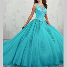 Великолепные пышные платья 15 anos с голубыми прозрачными кристаллами и аппликацией из бисера vestidos de quinceanera