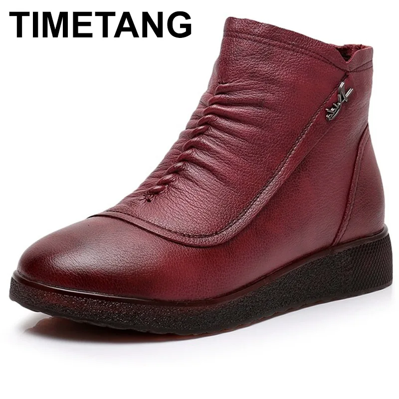 

TIMETANG 2018 Genuine Leather Women Boots Winter Warm Plush Handmade Vintage Comfortable Shoes Woman Flat Ankle BootsE302