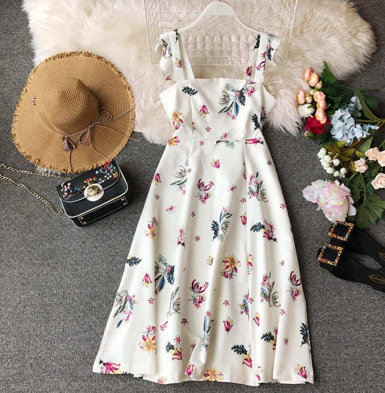

New Summer Ladies Fashion Cute A-line Slash Printed Floral Swing Middle Dress Women Shivering Youth High Waist Slim Slip Dress