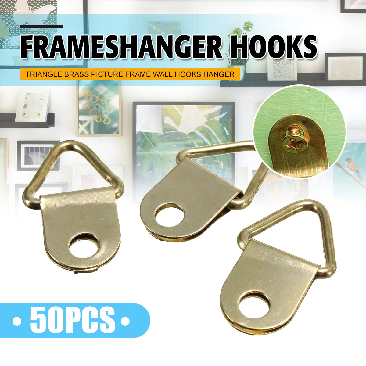 

50Pcs Universal Strong Golden D Rings Decor Picture Frames Hanger Wall Photo Frame Hanging Triangle Hooks Screws Helper