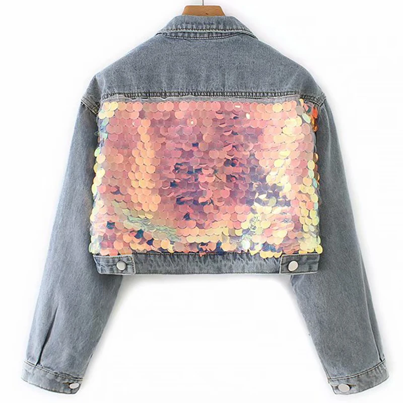 

2019 Autumn Sequins Denim jacket Harajuku Holes Loose Jean Jeacket Women Streetwear Coat Women Short Jacket Woman