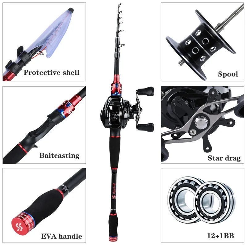 Sougayilang Fishing Rod Combo Carbon Fiber Telescopic Lure Rod 1.8M 2.1M 2.4M + 7.2:1 12+1BB Baitcasting Reel Fishing Tackle Sougayilang Fishing Rod Combo Carbon Fiber Telescopic Lure Rod 1.8M 2.1M 2.4M + 7.2:1 12+1BB Baitcasting Reel Fishing Tackle