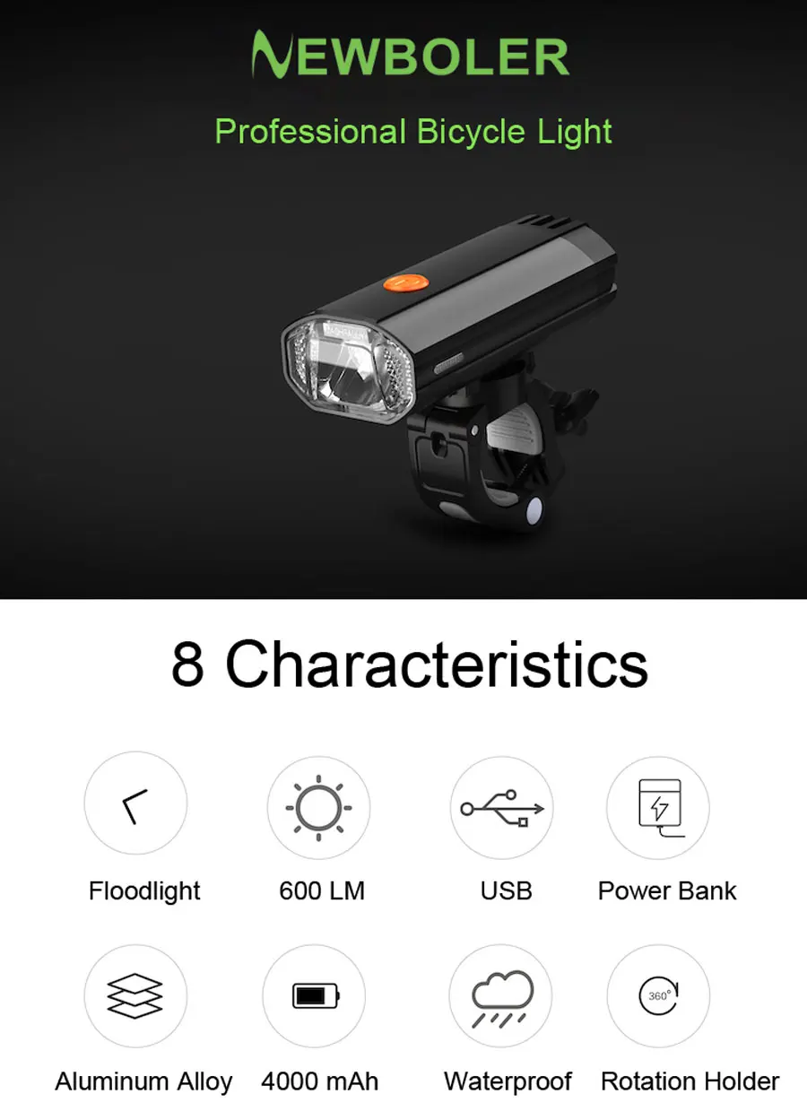 NEWBOLER, 4000 мА/ч, 600 люмен, велосипедный светильник MTB, велосипедный фонарь, передний и задний комплект, светодиодный светильник на голову, USB Перезаряжаемый светильник-вспышка для велоспорта