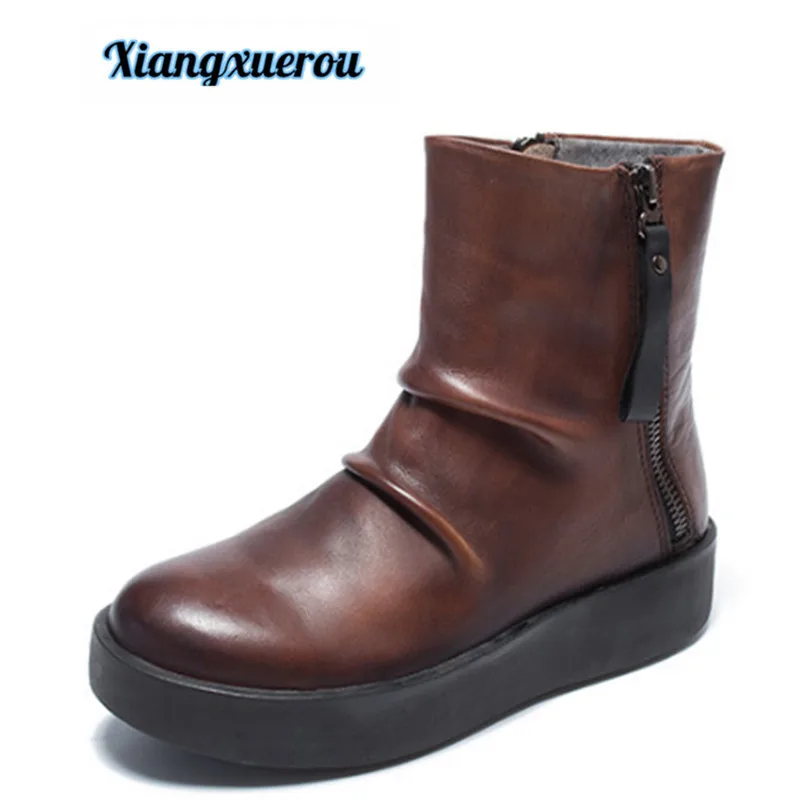 

Xiangxuerou Winter 2018 new casual leather boots fold low top layer of single uppers cowhide female boot