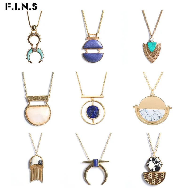 

F.I.N.S Marble Necklaces White Blue Faux Stone Gold Chain Round Triangle Geometric Pendants for Women Costume Jewelry Accessory