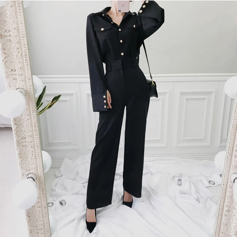 Винтажная черная однобортная блузка и длинные штаны с высокой талией, комплект из 2 предметов, элегантный Весенний Деловой Женский комплект