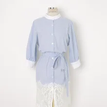 Alpha customization летнее женское Новое Полосатое платье кружевное лоскутное однобортное женское Полосатое платье-рубашка S-L