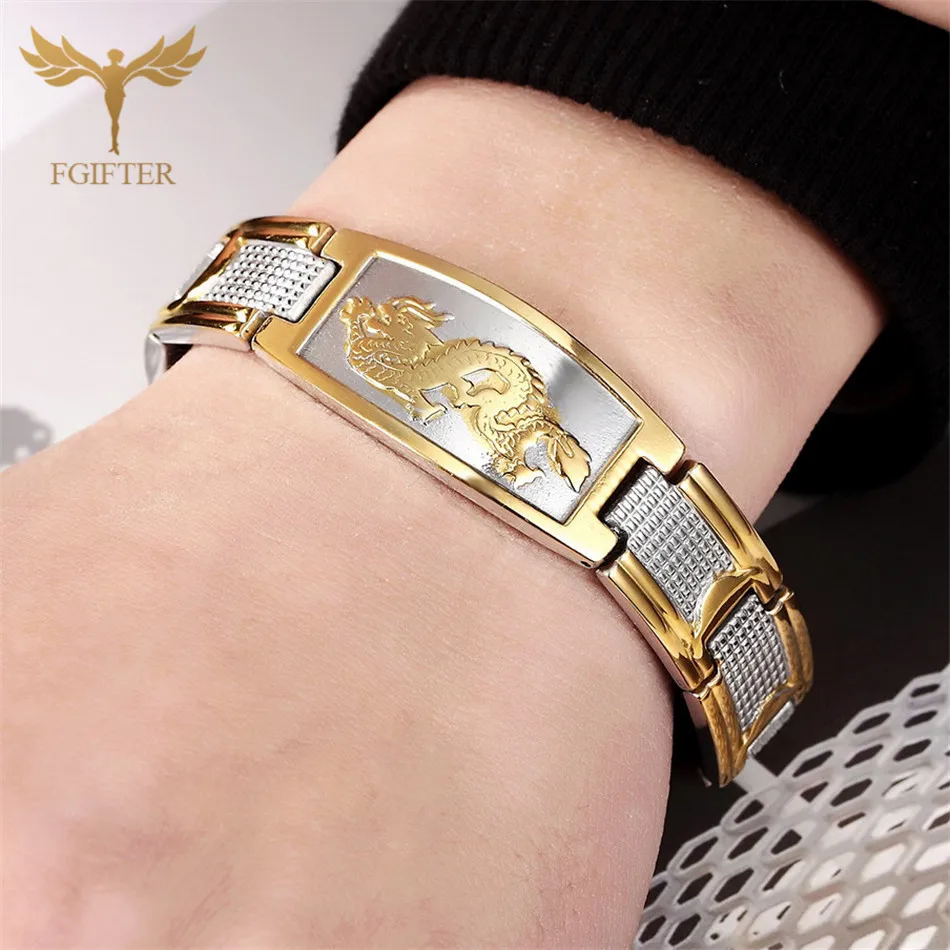 

FGifter Men's Dragon Bracelets Man Gold Silver Color Stainless Steel Chain Bracelet for Men Fashion Male Jewelry