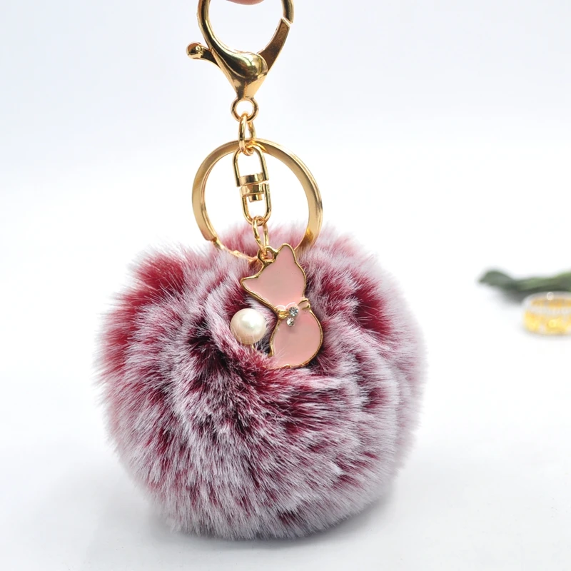 

Pom Pom Faux Rabbit Fur Keychain Cute Pearl Pink Cat Key Chains for Women Fluffy Pompom Keyring Trinket Girl Bag Charms Llaveros