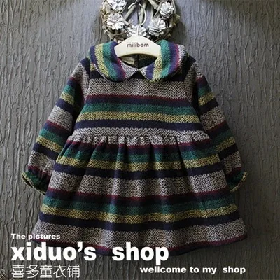 

new 2015 autumn winter Retro multicolor striped turn down collar kids dresses for girls clothing suit 2~7 age baby girl dresses