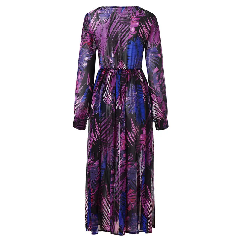 V-Neck Colorful Fashion Printing Chiffon Dress Long Sleeve Deep V Neck Belt Long Dress Comfortable New Vestidos #F#40NV26 (8)