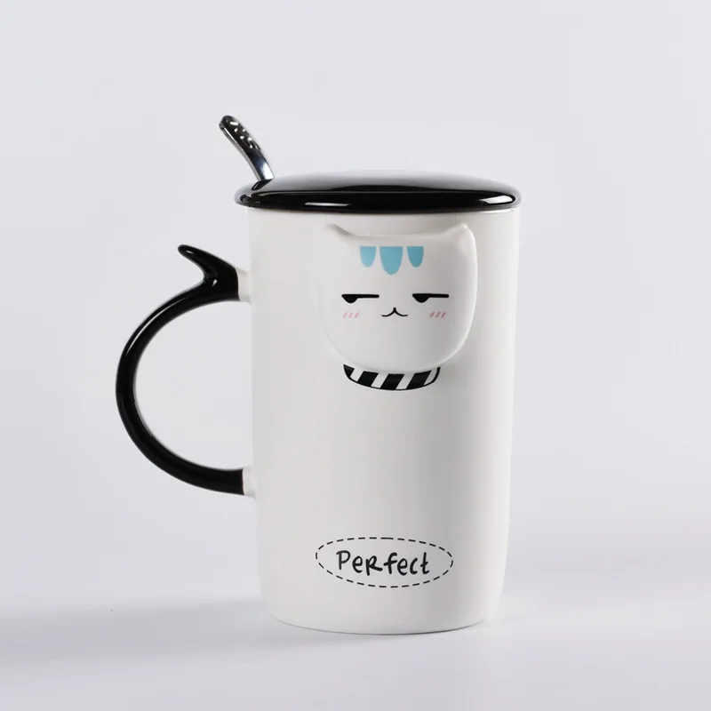 Мультфильм кошка и рыба кружка с ложкой крышкой, креативная керамическая кружка, Офисная чашка для завтрака кружки для кофе