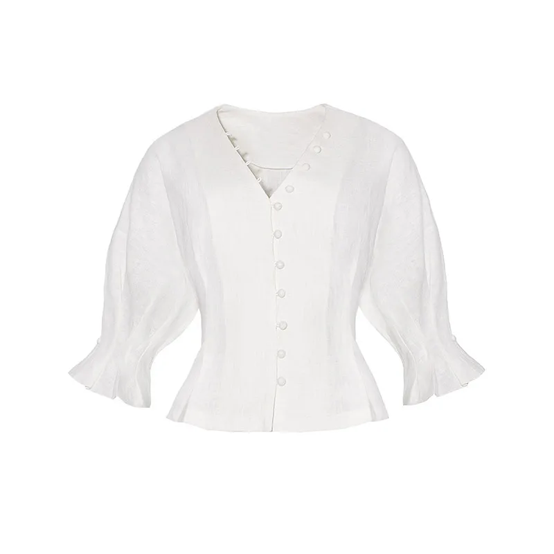 Bella Philosophy Spring Summer Cotton Linen Women Victoria Court Blouse Puff Sleeve French Style Female Blouse Buttons Shirt 5