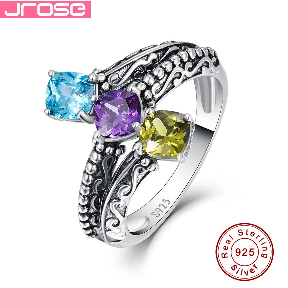 

Best selling Jrose 5*5mm Cushion Cut 3-Stone Swis Blue CZ & Morganite Solid 100% 925 Silver Party Ring for Women Free with Box