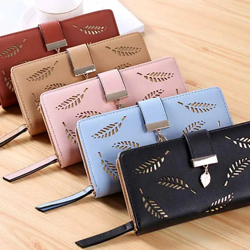 

New Women Wallet PU Leather Wallets Solid Female Fashion Long Hollow Leaf Pattern High Quality Hasp Card Purse