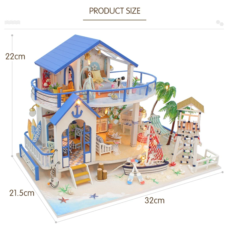 DIY LED Dollhouse Sea Miniature Villa With Furniture Wooden House Room Model Kit Gifts 3D Toys For Children Kids Doll House