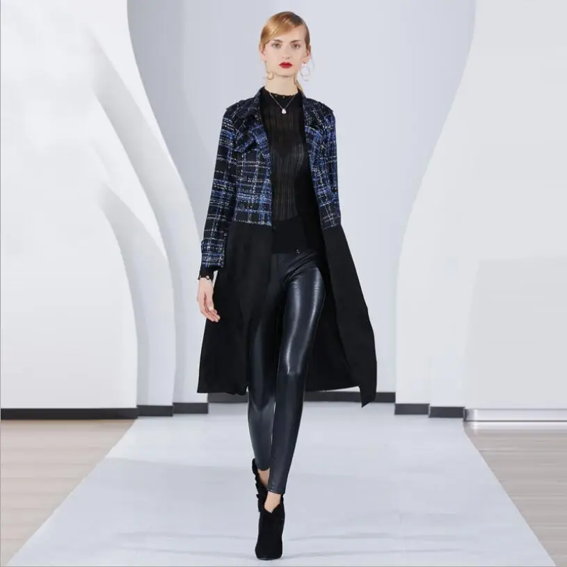 Suédé Outwear Occasionnel Manches À Mode Imprimer Manteau Hiver Femmes De En 2018 Automne Noir Cuir Manteaux Longues Plaid Patchwork Tranchée aUF6qp