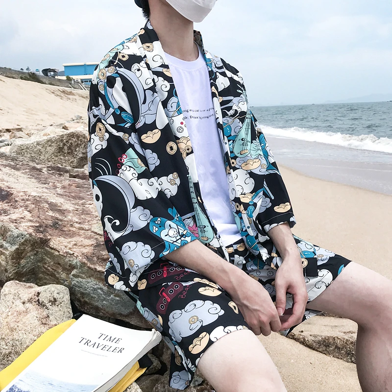 

Harajuku Kimono Jacket Men 2018 Summer Full Print Three Quater Sleeve Thin Jacket Men Sun Proof Men's Jackets