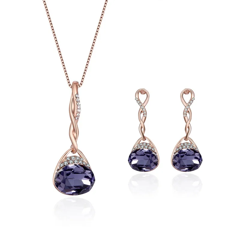 

2019 New Fashion Purple Water Drop Zircon Necklace Earrings Set For Women Ladies Girls Birthday Party Gift Jewelry Set Wholesale
