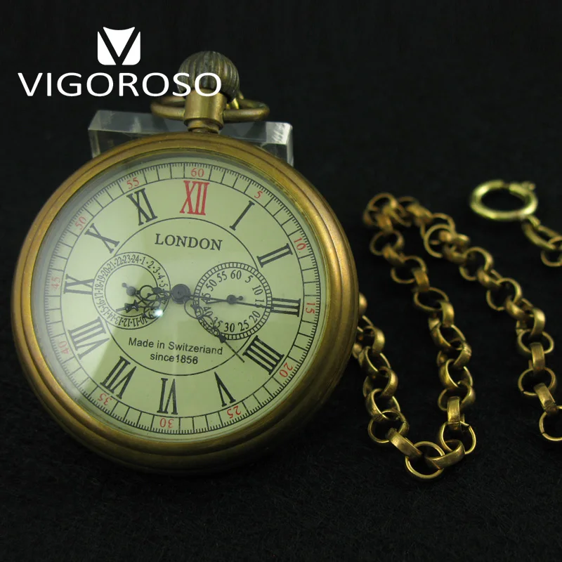Pocket Watch Mechanical Hand Winding Roman numerals 12/24 Hours Vintage Clock Collectible Antique Copper FOB Chain