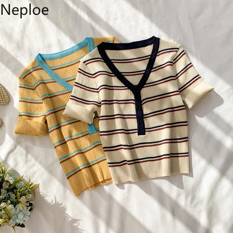 

Neploe Knitted Korean Stripe T Shirt Slim Fit V-Neck Short Sleeve Tee 2019 Summer Button Chic Tops 45171
