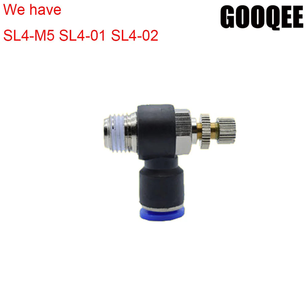 

1pcs SL 4mm Air Pneumatic Speed Controller OD Hose Tube Push Into M5 1/8" 1/4" BSPT Male Thread Gas Flow Adjust Valve Fittings
