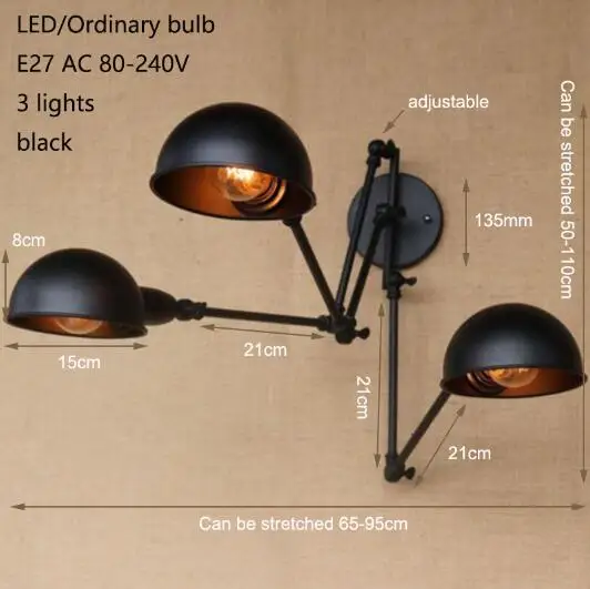 Классический дизайн и Роскошные Античный Черный Ретро двойной голова swing arm бра для мастерской кафе прикроватные спальня настенные светильники - Цвет абажура: 3 lights