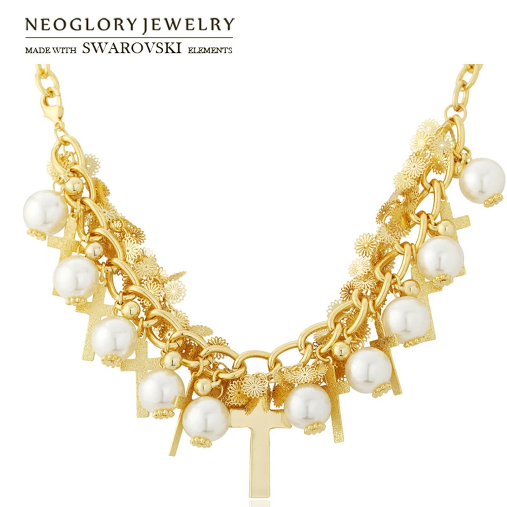 Neoglory Simulated Pearl Pendant Long Necklace Vintage Religious Cross Style For Classic Lady Party Anniversary | Украшения и