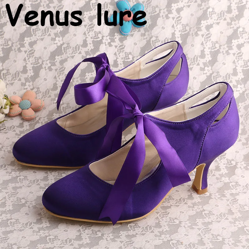 Лидер продаж; женская фиолетовая обувь; вечерние Свадебная лента на среднем каблуке с завязками