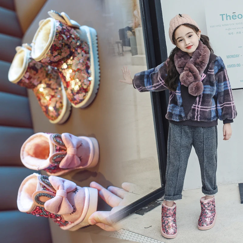

AAdct winter warm girls boots cotton fur new princess little kids snow boots bow Sequins children shoes High-quality