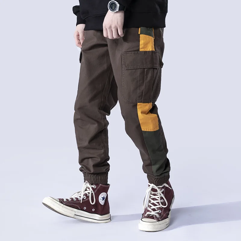 Мужские брюки карго Осенние новые повседневные спортивные штаны для бега мужские хип-хоп уличные Лоскутные военные тактические брюки с несколькими карманами - Цвет: JX017 Brown