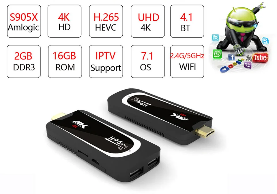 

H96 Pro H3 TV Stick Amlogic S905X Penta Core GPU Android 7.1 TV Dongle 2GB RAM 16GB ROM 2.4G/5.G WiFi BT 4.0 1080P 4K HD Mini PC