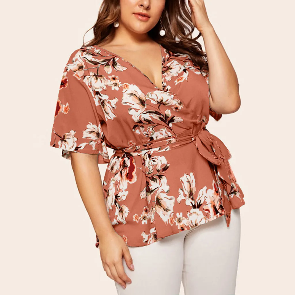 Женские блузки и рубашки, туника с глубоким v-образным вырезом и цветочным принтом, рубашка с повязкой, большие размеры, L-5XL топы, свободная Блузка camisa - Цвет: Pink