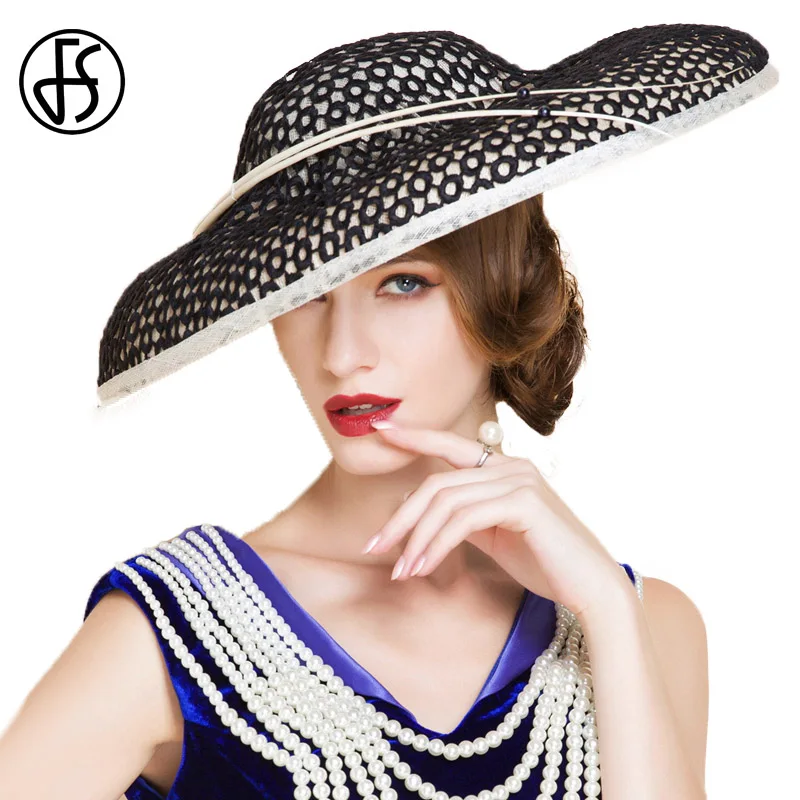 

FS Elegant Female Big Wide Brim Black White Linen Fedora Hats For Ladies Party Banquet Wedding Kentucky Derby Hats For Women