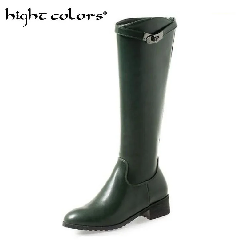 

Handsome military boots round toe ladies knee high motorcycle boots for women low heel side zipper large size 40-43 black green