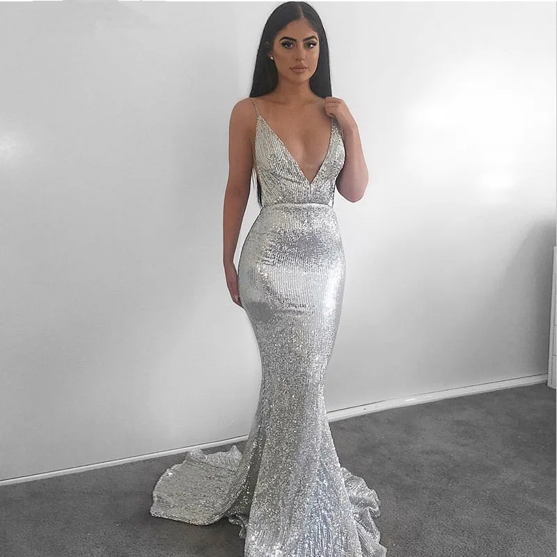 

Mermaid Spaghetti Straps Sequined Evening Dresses V-Neckline Backless Sweep Train Silver robe de soiree Sexy Evening Gown 2019