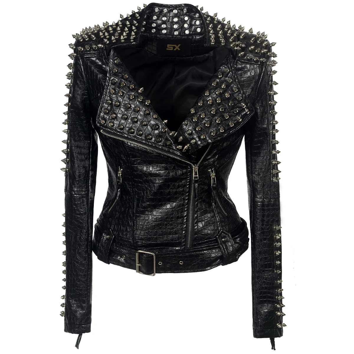  Faux leather PU Jacket Punk Rivet Women fashion Winter AutumnMotorcycle Jacket Black faux leather C