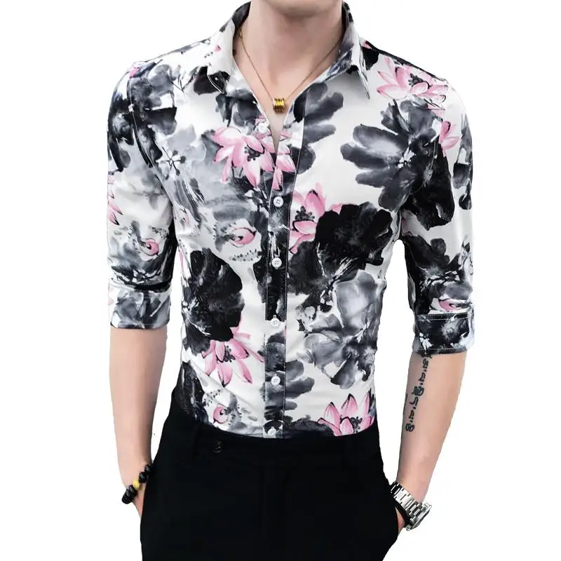 

LOLDEAL Men's Cropped Sleeve Shirt Printed Lotus Shirt, Cotton Slim Casual Men's Shirt