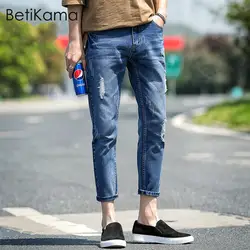 BetiKama джинсы Для мужчин 2018 популярные Англии Стиль потертой джинсы мода Повседневное Для Мужчин's Подрезанные штаны плюс Размеры S-5XL Размеры