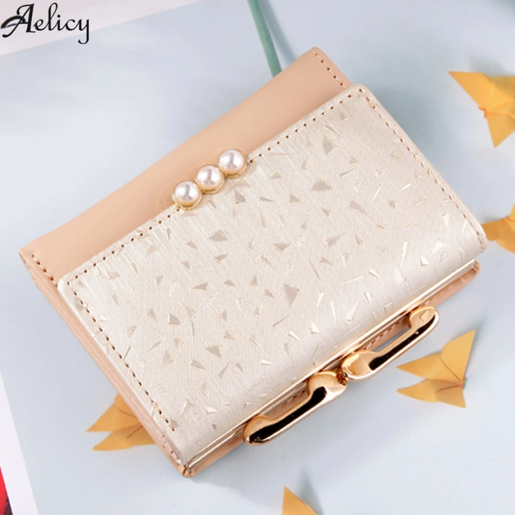 Aelicy новинка женский короткий кошелек с жемчугом три сложения бумажник для рук