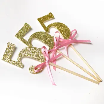 

custom bow color number Glitter Cupcake toppers birthday decorations wedding toothpicks Bridal baby shower party decor