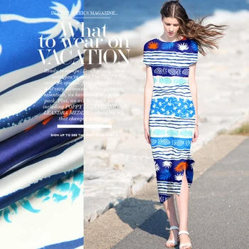 

2016jenny printing silk cloth fabric silk heavy Stretch Satin clothing [Bali Island] blue skirt