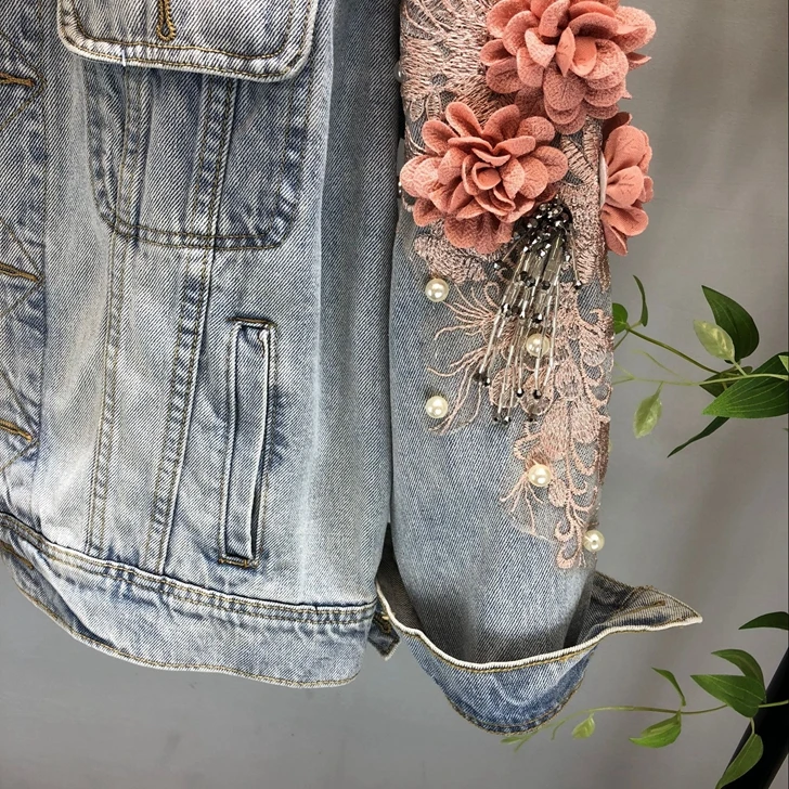 Осеннее женское вышитое объемное цветочное короткое джинсовое пальто с бусинами и жемчужинами женская джинсовая куртка с длинными рукавами Женское пальто