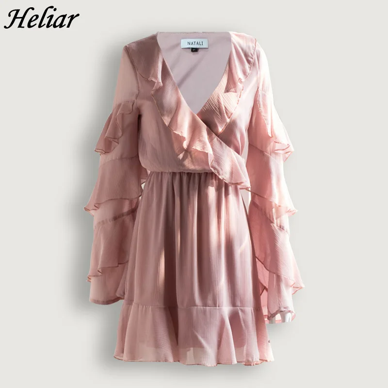 HELIAR Chiffon Pink Cascading Ruffle Mini Dress Deep V Neck Lotus Leaf Bandage Slim Butterfly Long Sleeve Spring 2018 New | Женская