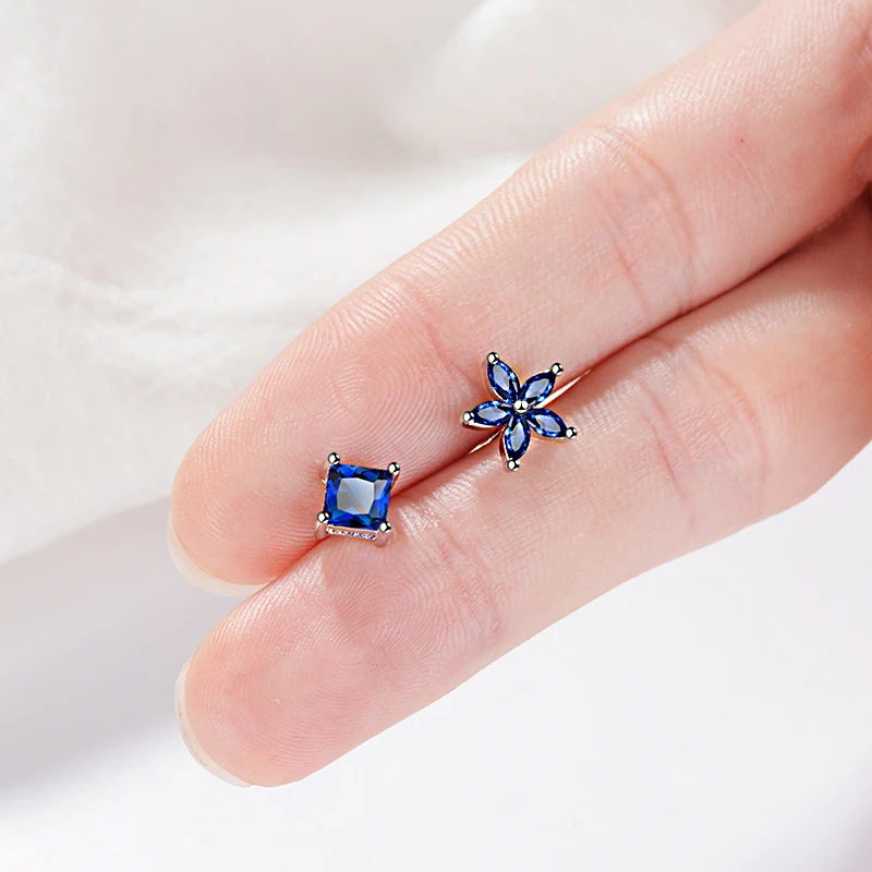

High Quality Royal Blue Crystal Zirconia Stone Earrings Asymmetry Silver Stud Earrings Fashion Weddings Party Jewelry for Women