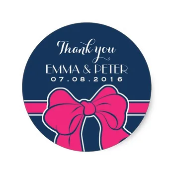 

3.8cm Navy Blue Pink Ribbon Wedding Thank You Sticker