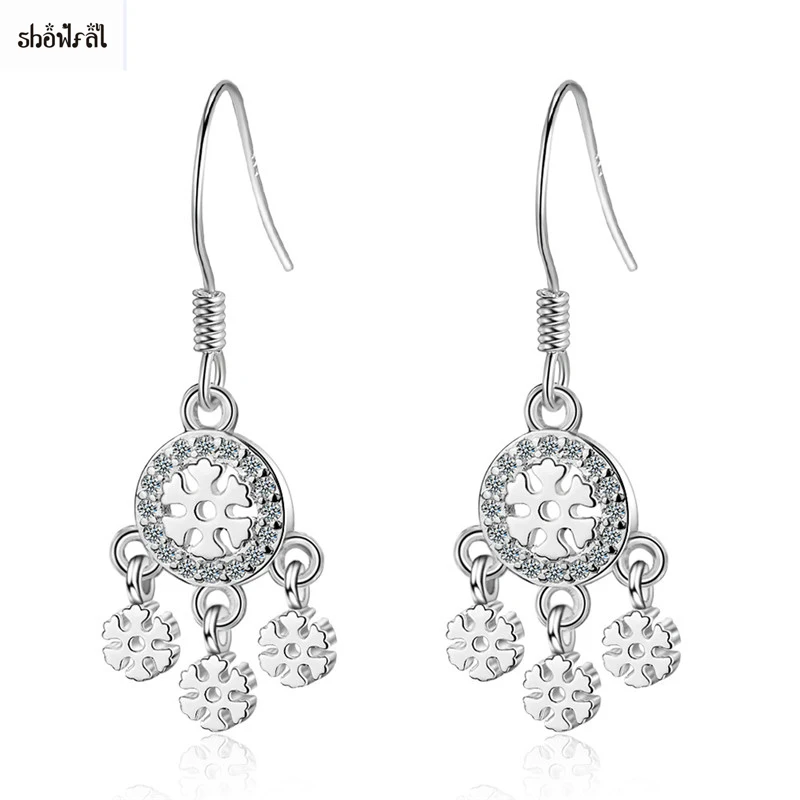 

Short Earrings Boho Wedding Jewelry Long Dangle Earrings Crystal Long Flower Zircon Snowflake Earrings Round Shape Silver Color
